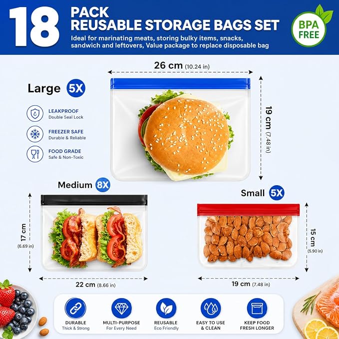 Reusable Food Storage Bags for Meal Prep, Freezer & Lunch – 18-Pack (5 Small, 8 Medium, 5 Large) Extra Thick BPA-Free Ziplock Bags – Leakproof, Dishwasher Safe, Microwave & Freezer Friendly