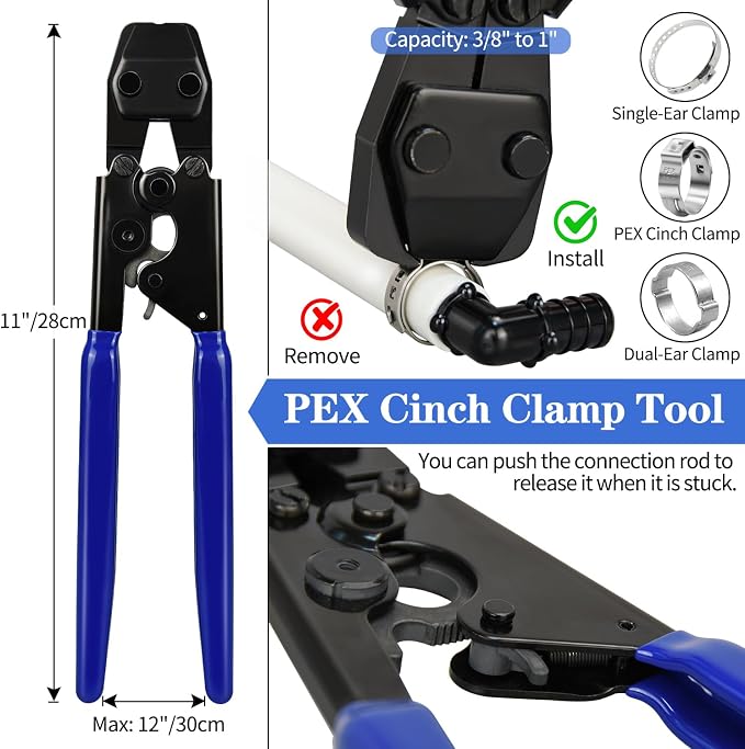 PEX Cinch Clamp Tool Kit, 3/8" to 1" PEX Pipe Clamp Cinch Tool Set | with 30 pcs 1/2" PPSU PEX Fittings Combo, 1pcs Pipe Cutter, 70 pcs 1/2" PEX Cinch Clamps, 10pcs 3/4" PEX Cinch Clamps