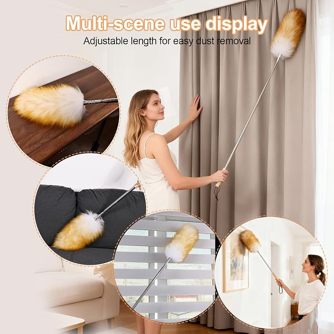 Extendable Lambswool Feather Duster 31-88 Inch, Anti-Static Wool Duster for Cleaning with Stainless Steel Pole - Ideal for High Ceilings, Fans, Interior & Roof (Yellow & White)