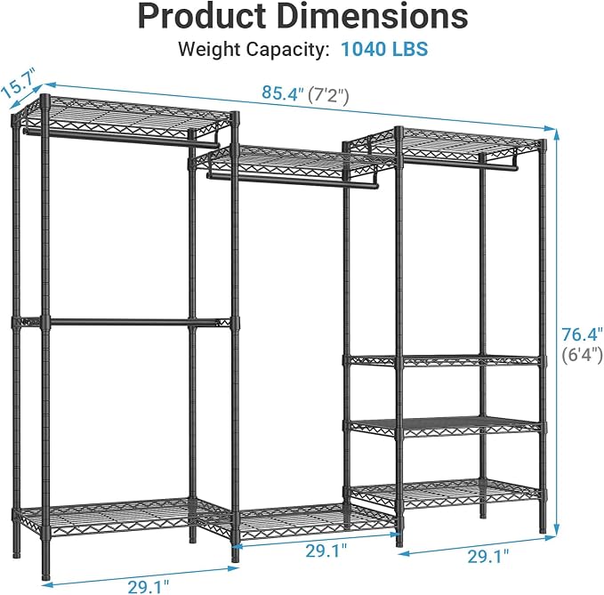 VIPEK V5 Plus Large Portable Closet Rack Freestanding Wardrobe Closet, Multi-Functional Clothes Rack Heavy Duty Metal Clothing Rack for Hanging Clothes, 85.4" L x 15.7" W x 76.4" H, Black