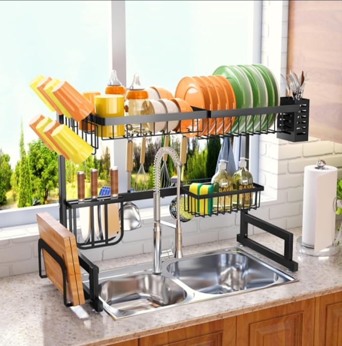 Over The Sink Dish Drainer Drying Rack,Stainless Steel Dish Dyring Rack Above Sink with Adjustable Height 25.6" to 33.5" W,Kitchen Counter Storage Shelf for Organizer Cookware,Cups,Cutting Board