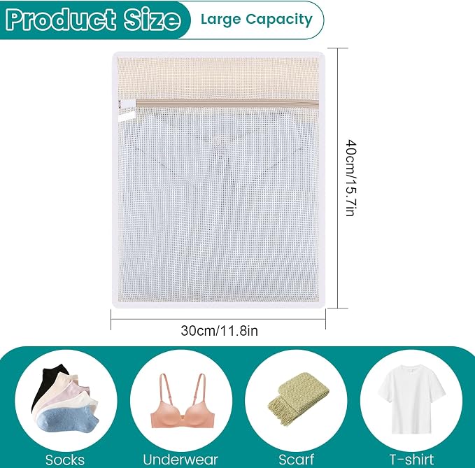 4 Pack Durable Cotton Mesh Laundry Bags for Delicates - 12×16inch Laundry Bags Mesh Wash Bags with Sturdy Zipper for Underwear Bras Socks Clothes Storage Natural Cotton Washing Machine Safe