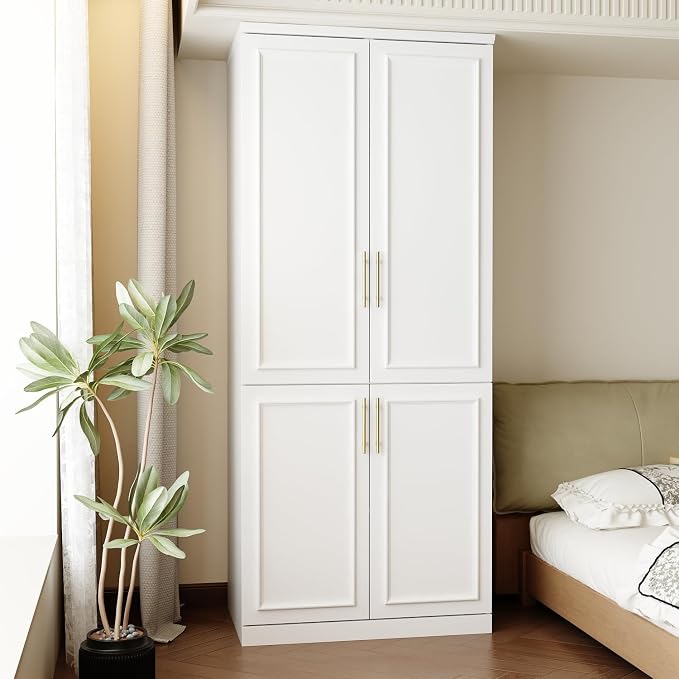 FUFU&GAGA Wardrobe Closet with 4 Doors, Modern White Bedroom Armoire with Gold Handles, Modern Clothes Storage Cabinet with Shelves, Hanging Rod for Cloakroom, 31.7”W x 19.3”D x 74.8”H