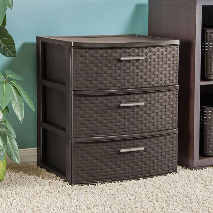 Sterilite 2-Pack 3-Drawer Wide Weave Tower, Storage Closet Organizer, Brown - Plastic Drawers and Containers for Bedroom, Cabinet, Clothes, Dresser, and Kitchen Pantry Organization