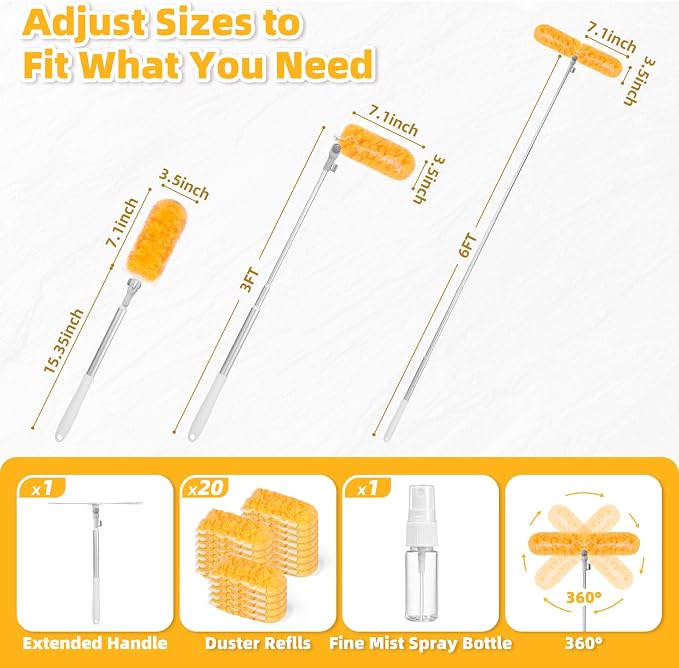 6 ft Extendable Duster Kit with 20 Refills for Swiffer Duster | 360 Heavy Duty Duster Refills, 5X Microfibers Trap Dust, Long Extended Handle for Ceiling Fan, Vents and Hard to reach Areas