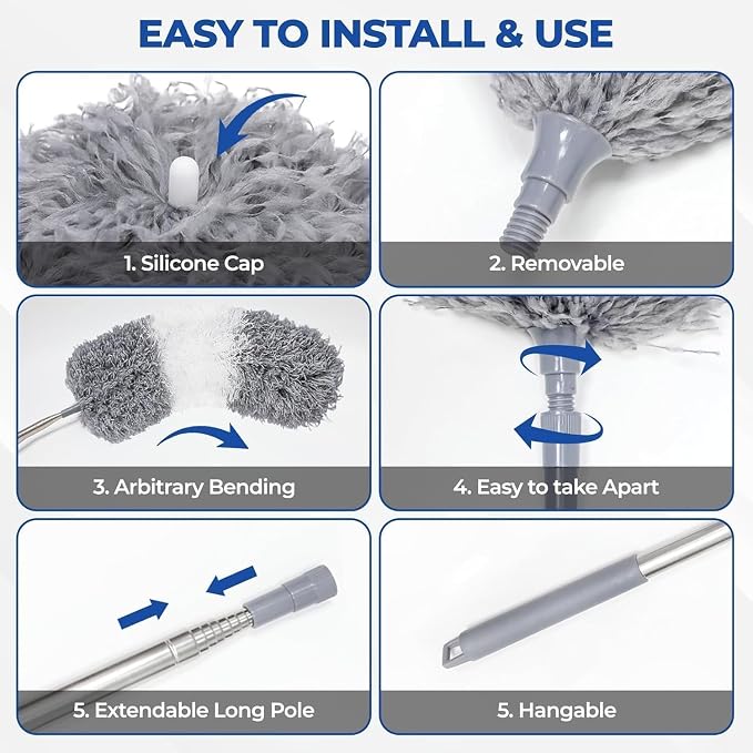 Microfiber Dusters for Cleaning,100" Professional Extension Pole Duster Kit with 2 Washable Bendable Heads,Cobweb Remover & Feather Duster for High Ceilings,Ceiling Fans,and Hard-to-Reach Areas,3PCS