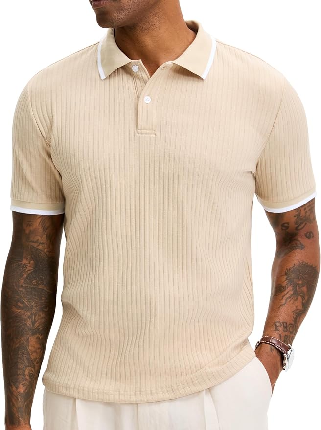 Comdecevis Men's Regular Fit Short Sleeve Knit Polo Shirts | Business casual, lightweight, breathable, stretch textured fabric, moisture wicking, easy care