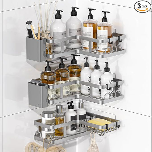 3 Pack Corner Shower Shelves, Rustproof Shower Organizer Caddy | No Drilling Shower Organizer Corner Exclusively for 90 Degree Right-Angle Walls with Hooks and Toothpaste Holder, Silver