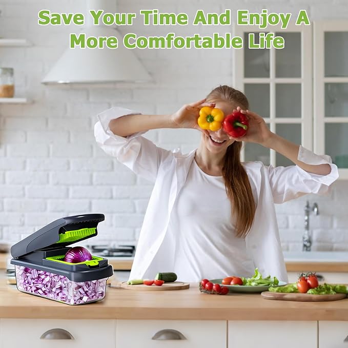 15 in 1 Manual Vegetable Chopper with Container, Veggie Slicer Dicer Set with 10 Sharp Blades, Heavy Duty Food Chopper for Meal Prep, Onion & Potato Cutter, No-Slip Base, Easy Clean Kitchen Gadget