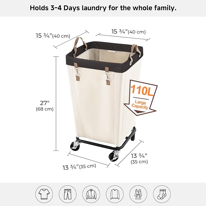 StorageWorks 110L Laundry Basket with Wheels, Rolling Hampers for Clothing