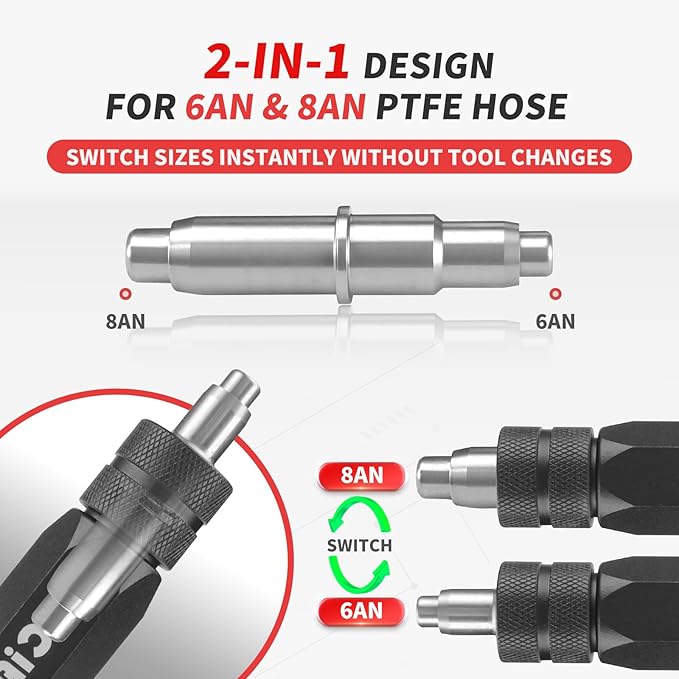 Dual-Size PTFE Hose Assembly Tool, PTFE Hose Reaming & Separate Tool, Fuel Line Bore Corrector for 6AN & 8AN Fuel Lines, Black Anodized Aluminum, Oil resistant & Durable Design