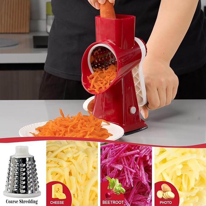 YOUCZON Rotary Cheese Grater Multi-Purpose Stainless Steel Cheese Shredder | rotary grater with strong suction, ergonomic handle and food pusher for fast, safe slicing and shredding.