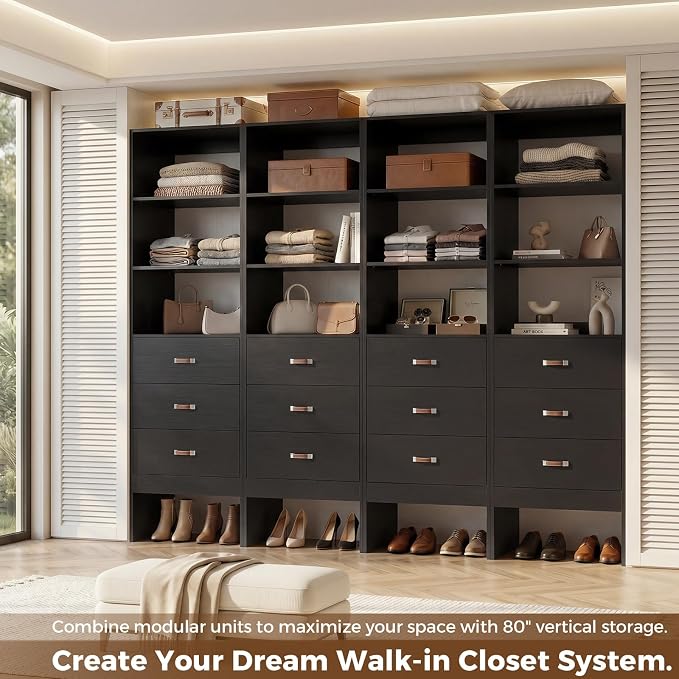 8FT Closet System with Leather Handles, 96" Walk-in Closet Storage Unit with Cabinet, Wood Wardrobe Closet Organizer and Storage with 12 Drawers, Set of 4, Black