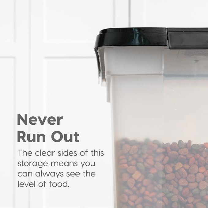 IRIS USA Airtight Dog Food Storage Container, WeatherPro, Up to 50 lbs, Removable Wheels, for Dog Cat Bird and Other Pet Food Storage Bin, Keep Fresh, Translucent Body, Made in USA, Clear/Black