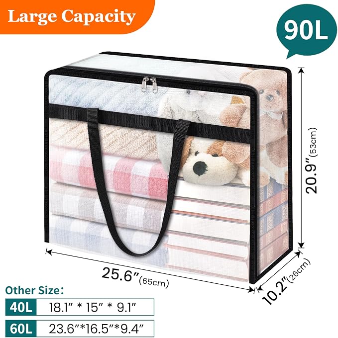 TasticTotes 8 Pack Clear Storage Bags for Comforter, Clothes & Bedding, 90L | Plastic Blanket Storage with Zipper & Handle, Foldable Moving Bags, Closet Organizer and Under-Bed Storage Containers