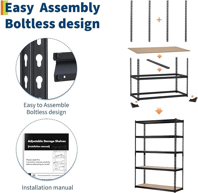 2500 Lbs Heavy Duty Garage Storage Shelves, 48" L x 24" W x 72" H | 5-Tier Adjustable Metal Shelving Unit, Storage Rack for Kitchen, Pantry, Basement, Bathroom & Laundry