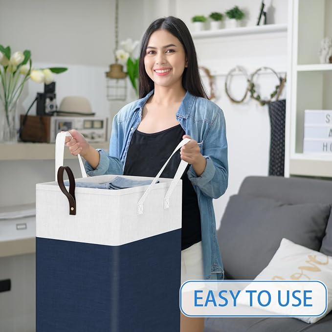 HomeHacks 90L Rolling Laundry Basket with 4 Wheels Collapsible Blue | 4 Wheels, Waterproof PEVA Lining, Cotton Flax Fabric, Metal Frame, Bathroom Laundry Room Dorm Storage, Space-Saving Design