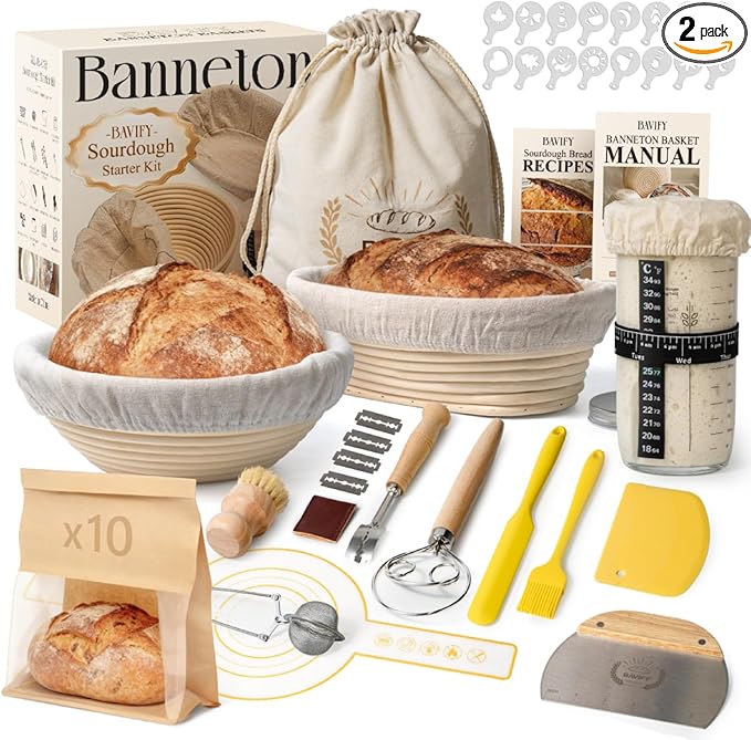 BAVIFY Sourdough Starter Kit, Banneton Bread Proofing Baskets Set, Sourdough Bread Baking Supplies Making Tools with Dough Scraper, Whisk, Bread Lame, Recipe, 1 Round 1 Oval 1 Jar Gift Set