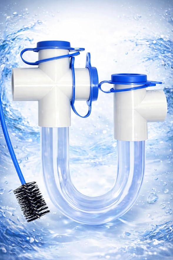 3/4 Clear PVC Condensate Trap P Trap With Cleaning Brush, PVC Trap With Easy Clean Ports Essential Component To Ensure Optimal Performance Of Your HVAC System. ECWB