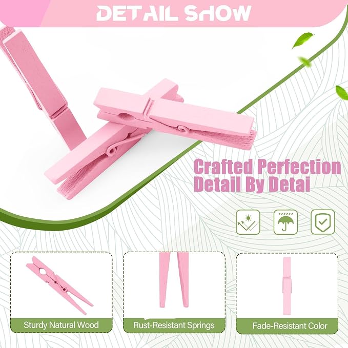100 Pcs Pink Clothes pins - 2.9 Inch Wooden Clothespins Cheer Clips | Vibrant for Crafts Classroom Decorations Clothing Pictures Laundry Solid Wood No Splinters Fade‑Proof