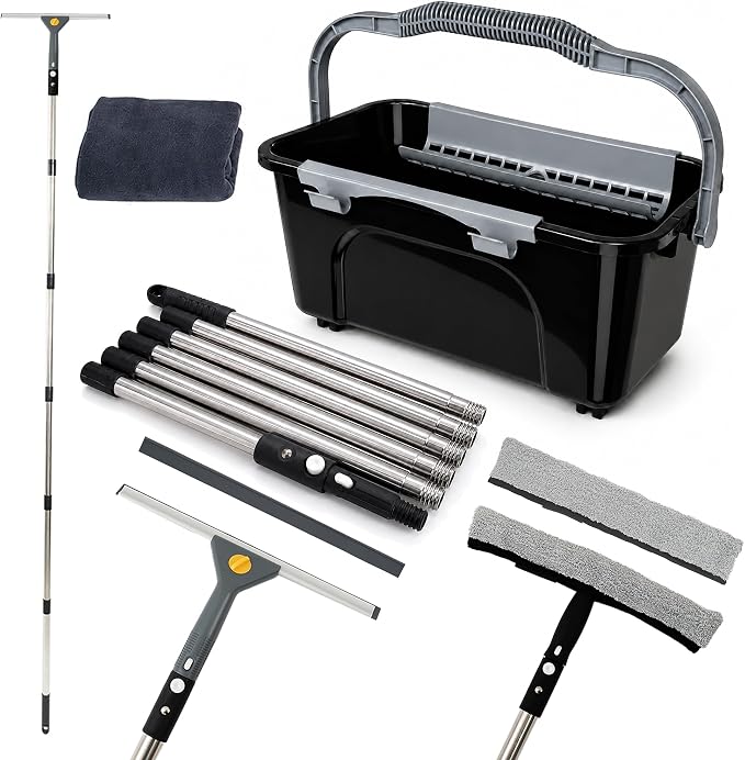 Window Washing Kit with Extension Pole(19–94.5"), Window Squeegee with Extension Pole, High Reach Window Cleaning Kit, 3 Gallon Bucket, Streak-Free Outdoor Window Cleaner, Extra Refills