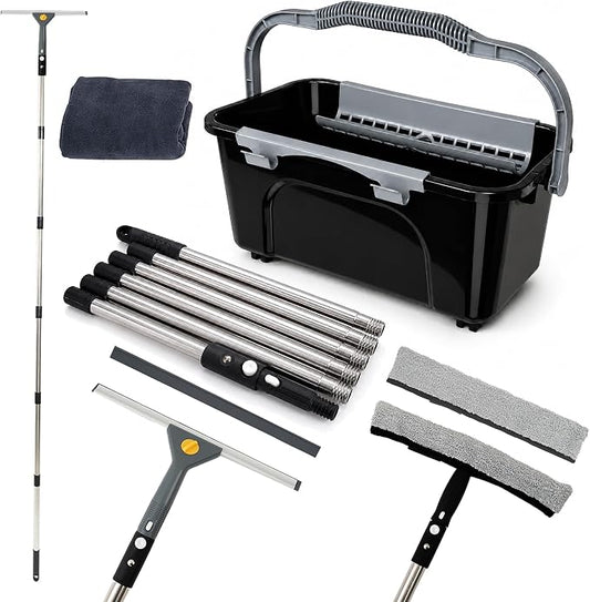 Window Washing Kit with Extension Pole(19–94.5"), Window Squeegee with Extension Pole, High Reach Window Cleaning Kit, 3 Gallon Bucket, Streak-Free Outdoor Window Cleaner, Extra Refills