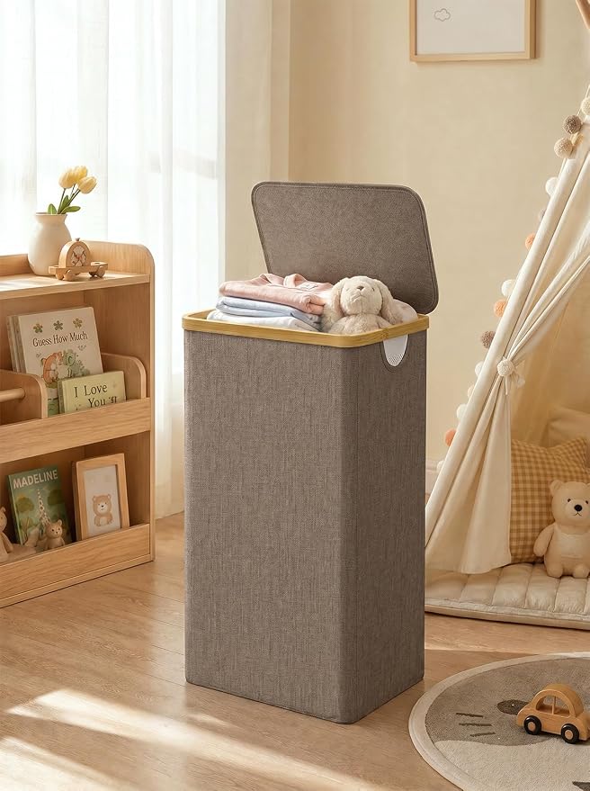 IEGrow Laundry Hamper with Lid,110L Laundry Basket with Mesh Bag,Brown | Dirty Clothes Hamper Basket with Bamboo Handle for Clothes Towels Organization