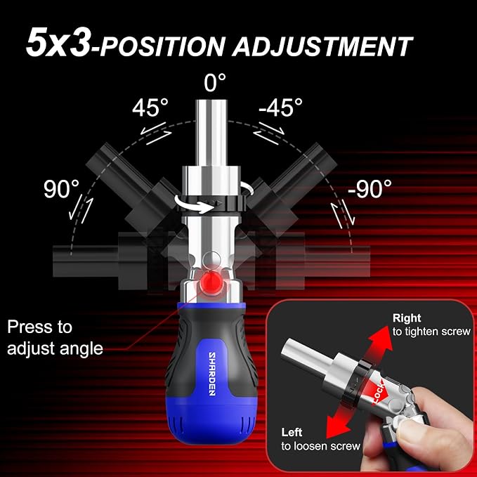 8 in 1 Stubby Ratcheting Screwdriver, Multi Bit Screwdriver Tool | All in One with 6 CRV Bits Phillips, Slotted, Torx,180 Degree Pivoting Adjustable Angle Screw Driver Set for Tight Spaces