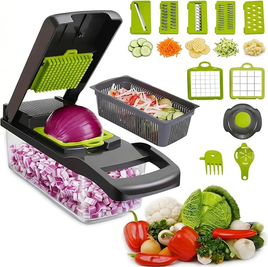 15 in-1 Vegetable Chopper with Container – Mandoline Slicer, Onion Dicer, Food Chopper, Cheese Grater– Multi Blade Kitchen Cutter for Fruits & Vegetables