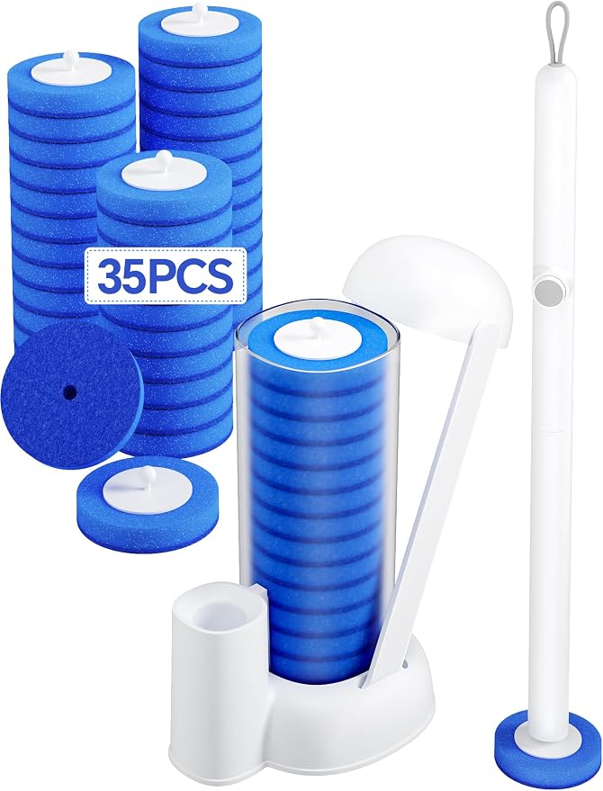 Toilet Wand Kit, Disposable Toilet Bowl Cleaner Brush with Blue Replacement Heads, Press-Button Wand and Self-Closing Freestanding Holder (Toilet Brush + 35 Refills)