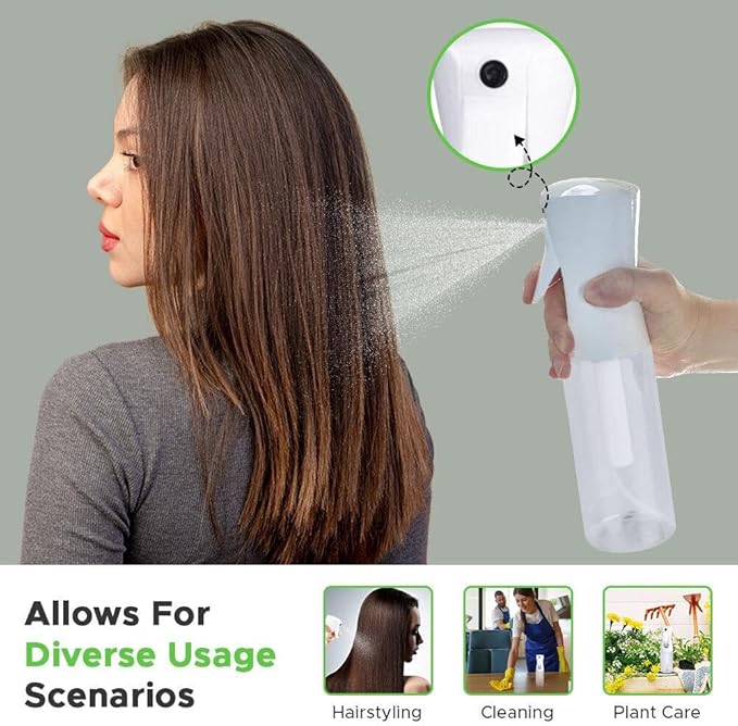 VIGOR PATH Continuous Mist Spray Bottle – Fine Mist Sprayer for Hair, Plants, Cleaning & Beauty – Refillable & Reusable Water Spray Bottle (Clear, 10oz)