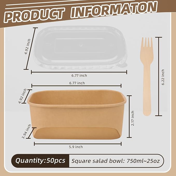 50 Pack 25 oz Paper Food Containers with Lids, Meal Prep Containers Disposable Large Paper Bowls, Microwavable and Freezer Storage Use Cardboard Food Containers