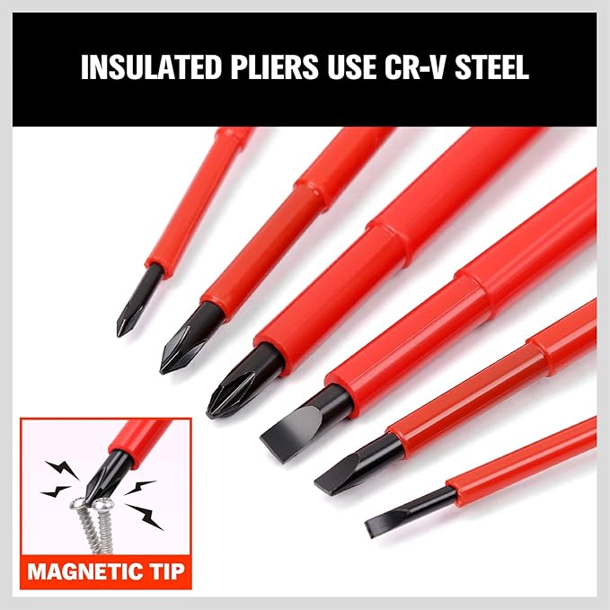 HORUSDY 6-Piece 1000V Insulated Precision Screwdriver Set, Magnetic Tip CR-V Electrician Tools with Cushion Grip TPR Handle for Electrical Applications