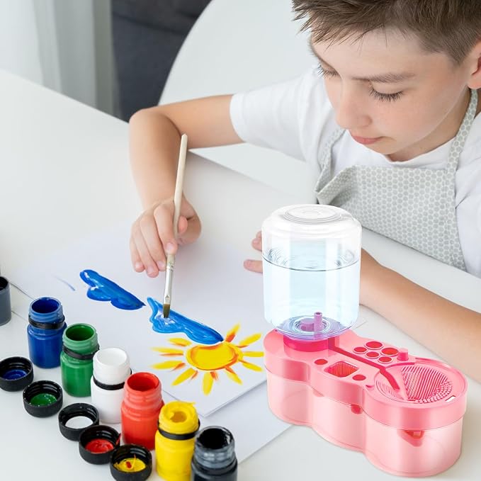 2026 Paint Brush Cleaner for Kids Water Circulation Paint with Drain Paint Water Dispenser with Palette Brush Holder Paint Brush Washer for Acrylic Painting Watercolor Art (pink)