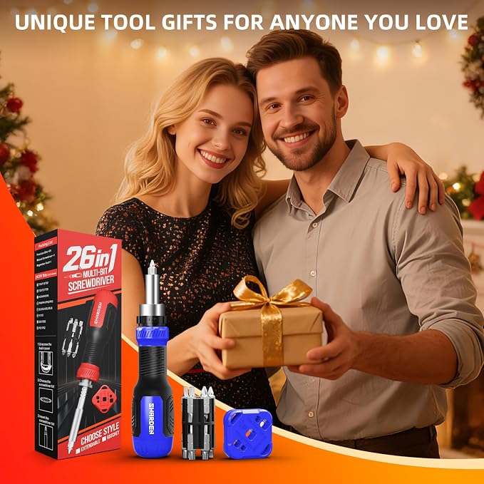 26-in-1 Ratcheting Screwdriver Set Multi Screwdriver Tool Kit | All in 1 Ratchet Screwdriver, 12 Double Ended CRV Bits Phillips Slotted Torx Hex, Portable Tool for Home Bike Computer Repair