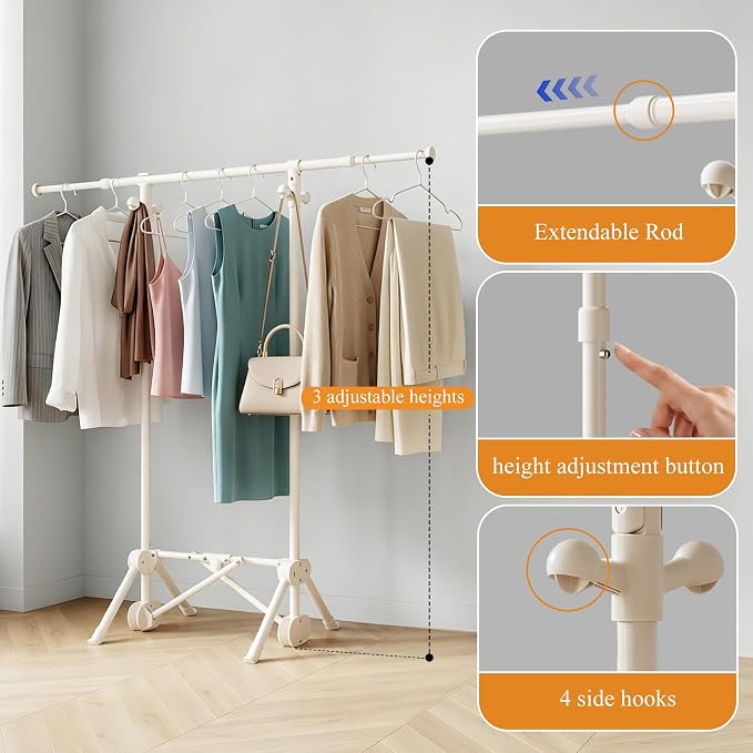 Small Clothes Rack, Foldable Clothes Rail with 3 Adjustable Heights | Extendable Rod, 4 Side Hooks, Portable, Sturdy Carbon Steel, Space Saving, Ready to Use, for Bedroom, Laundry, Cream White
