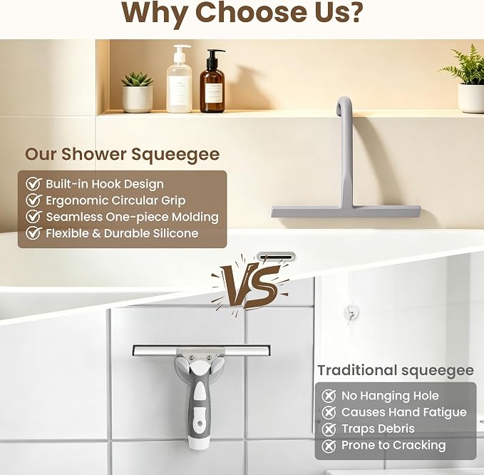 Shower Squeegee for Glass Doors - 10 Inch Bathroom Squeegee with Ergonomic Round Grip, Built-in Hook, Streak-Free No-Squeak Silicone Blade for Shower Glass, Tile Walls, Mirrors & Windows, Grey