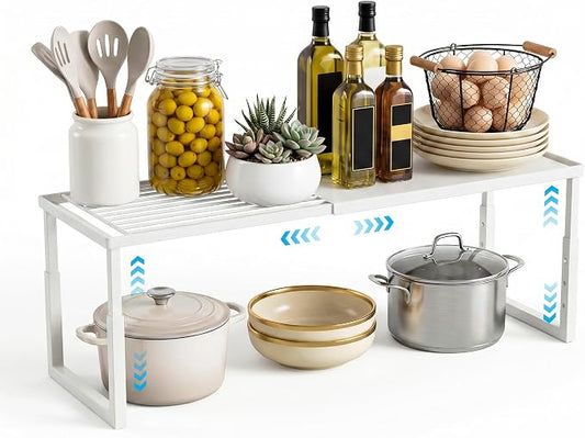 Expandable Cabinet Shelf Organizer, Stackable Kitchen Countertop Storage Shelves, Heavy Duty Adjustable Pantry Organizer Rack for Cabinet, Cupboard, Under Sink & Spice Storage