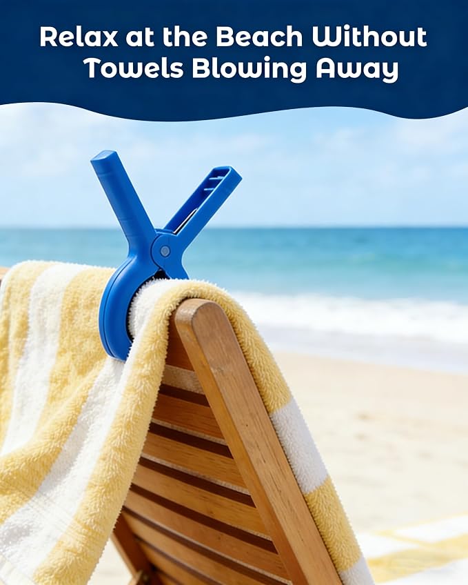 10 Pack Beach Towel Clips Heavy Duty Large Beach Essentials Chair Pool Clip | Deep Blue Clips with Strong Grip, Silicone Protection, Rust Resistant Spring, Multi-Use for Beach, Boat, Cruise & Outdoors