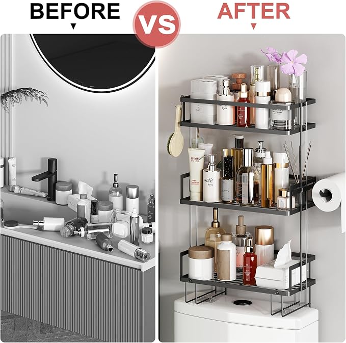 Godboat 3-Tier Over Toilet Storage Shelf, Wall-Mount with 2 Hook/Paper Rack | Bathroom Organizers and Storage Cabinet, Behind/Above/On/Top/Back Tank Shelves, Decor for Bathroom/Restroom/Kitchen/Bedroom