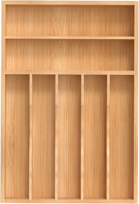 Silverware Organizer, Bamboo Kitchen Drawer Organizer, Utensil Holder, Cutlery Tray & Spoon Flatware Storage with Grooved Drawer Dividers (11''W x 16''D)