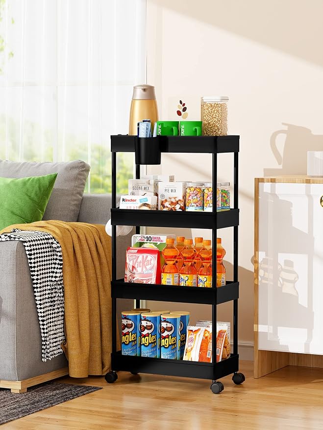 LEHOM Slim Rolling Storage Cart - 4 Tiers Bathroom Organizer Utility Cart | Slide Out Storage Shelves Mobile Shelving Unit for Kitchen, Bedroom, Office, Laundry Room, Small Narrow Spaces (7.1" W+Black)