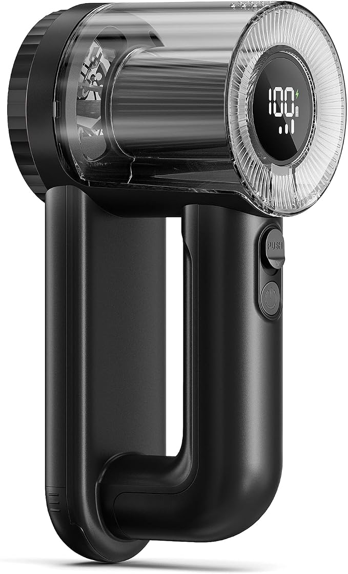 Rechargeable Fabric Shaver, 2-in-1 Lint Remover with 6-Blade | For sweaters, blankets, coats and cloth upholstery, with 200ml container, LED display, USB-C charging and 3 speeds