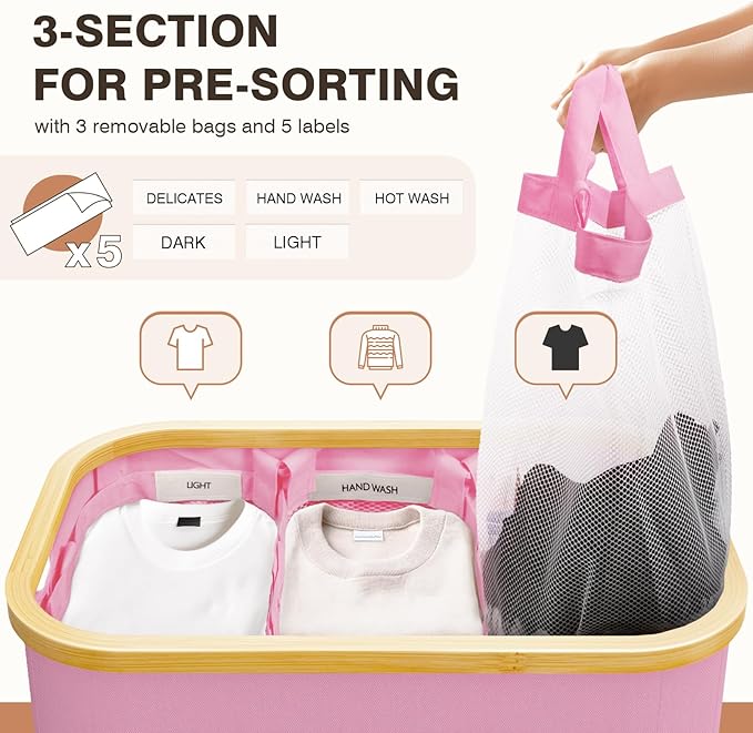 Hampers for Laundry Basket with Lid, 145L Large Laundry Hamper 3 Section | Dirty Clothes Hamper Separator with 3 Removable Bags & 5 Labels, Divided Laundry Organizer for Bedroom, Laundry Room, Pink