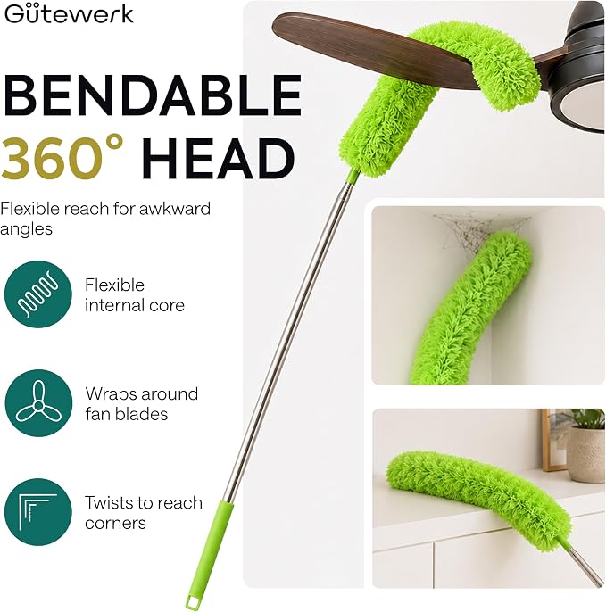 GÜTEWERK Extendable Microfiber Duster, 100 Inch - Feather Dusters for Cleaning Ceiling Fans, Blinds, Baseboards & High Ceilings - Washable, Electrostatic, 360° Bendable Head, Stainless Steel Pole