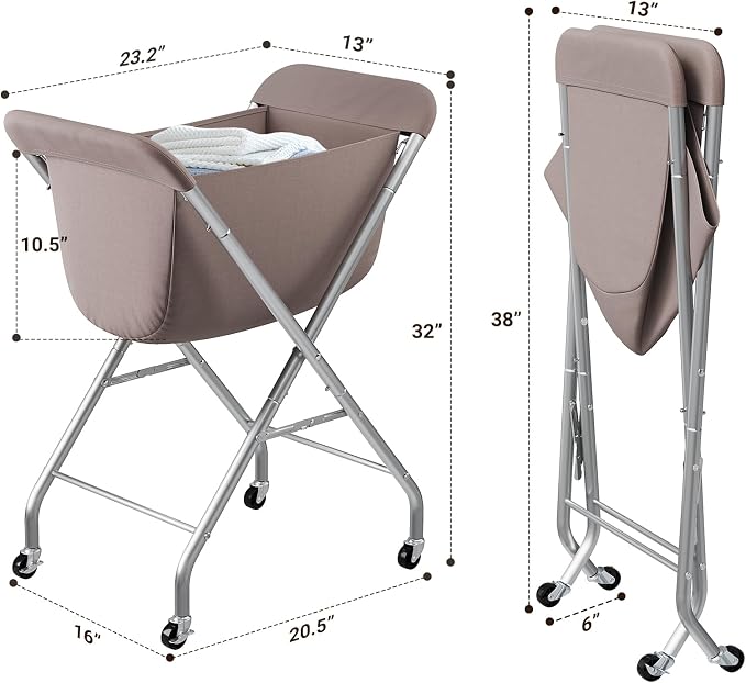 ELYKEN Laundry Basket with Wheels, Collapsible Laundry Hamper, Camel Brown | Removable Liner Bag, Foldable Design, Sturdy Metal Frame, 4 Casters, 32”H Laundry Cart for Bedroom, Bathroom & Laundry Room