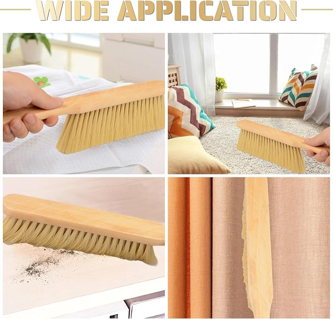 2 Pieces Woooden Dust Brush Hand Broom Bench Brush with Long Wood Handle Whisk Broom Soft Bristle Brush for Counter Bed Sofa Car Fireplace Clothes Household Cleaning