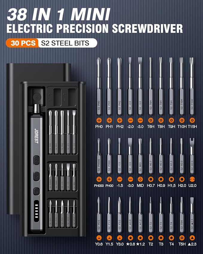 JOREST Mini Electric Screwdriver, Small Cordless Precision Screwdriver set with 38 Magnetic Bits, 5 Torque Settings, Repair Tool for iPhones, Laptop, Drone, Game Console, Camera; Gift for Father