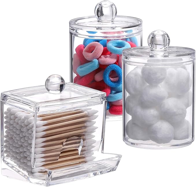 Tbestmax Plastic Qtips Holder Bathroom Container, 10/7 OZ Cotton Ball/Swabs Dispenser, Apothecary Jar Organizer for Storage 3 Pcs