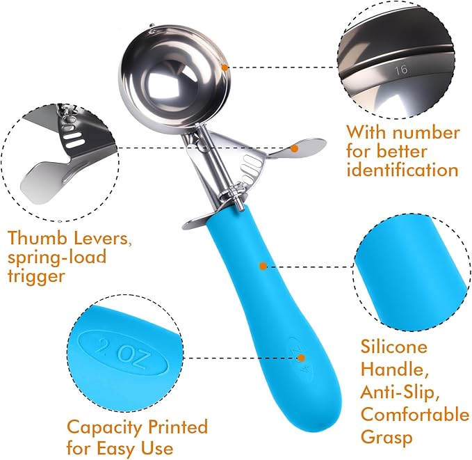 Fayomir Ice Cream Scoop with Trigger, 2 OZ Scoop, #16 Disher, Muffin Scoop, Large Cookie Scoops for Baking, Blue Handle, for Portion Control, Dishwasher Safe, Comfortable Grip